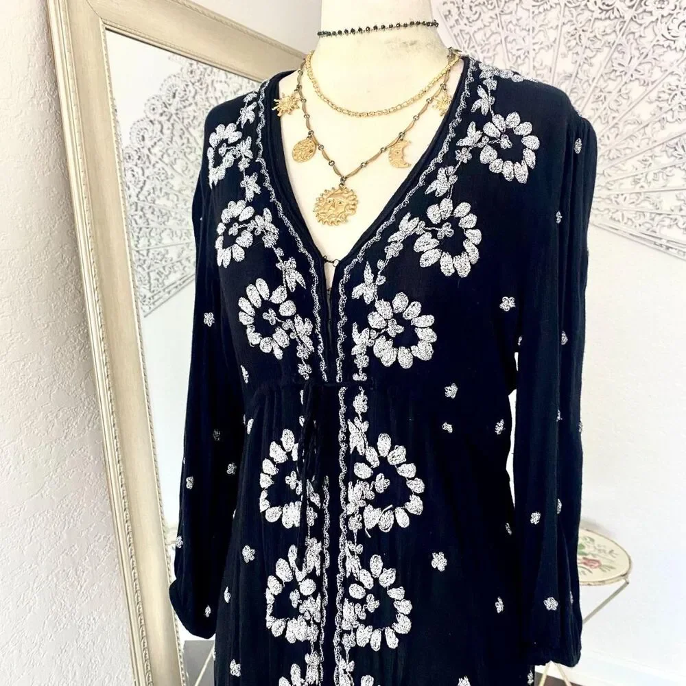 Free People Embroidered Fable Midi Dress Black White Midi Maxi Size S